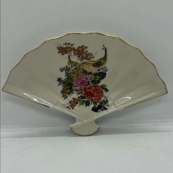 Other - Vintage Japanese Porcelain Fan Trinket Dish Peacock W/ Flowers Scalloped Edge
